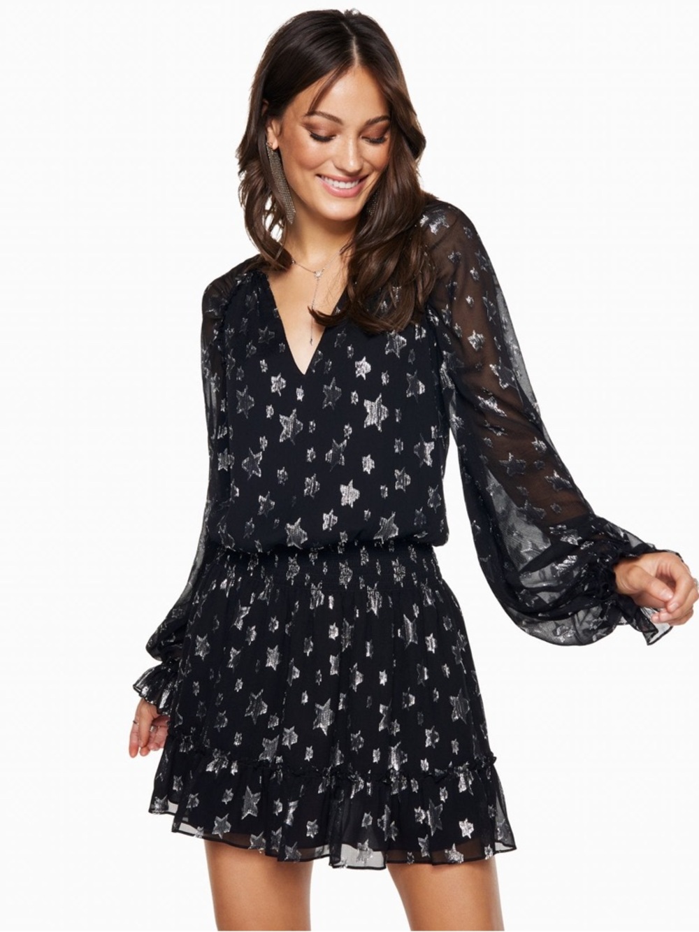 RAMY BROOK Reid Dress Black Silver Star Print Long Sleeve Mini Dress Size XXS